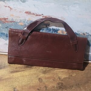 Chic Boho Brown Leather Clutch With Unique Handle. Verso Brand.